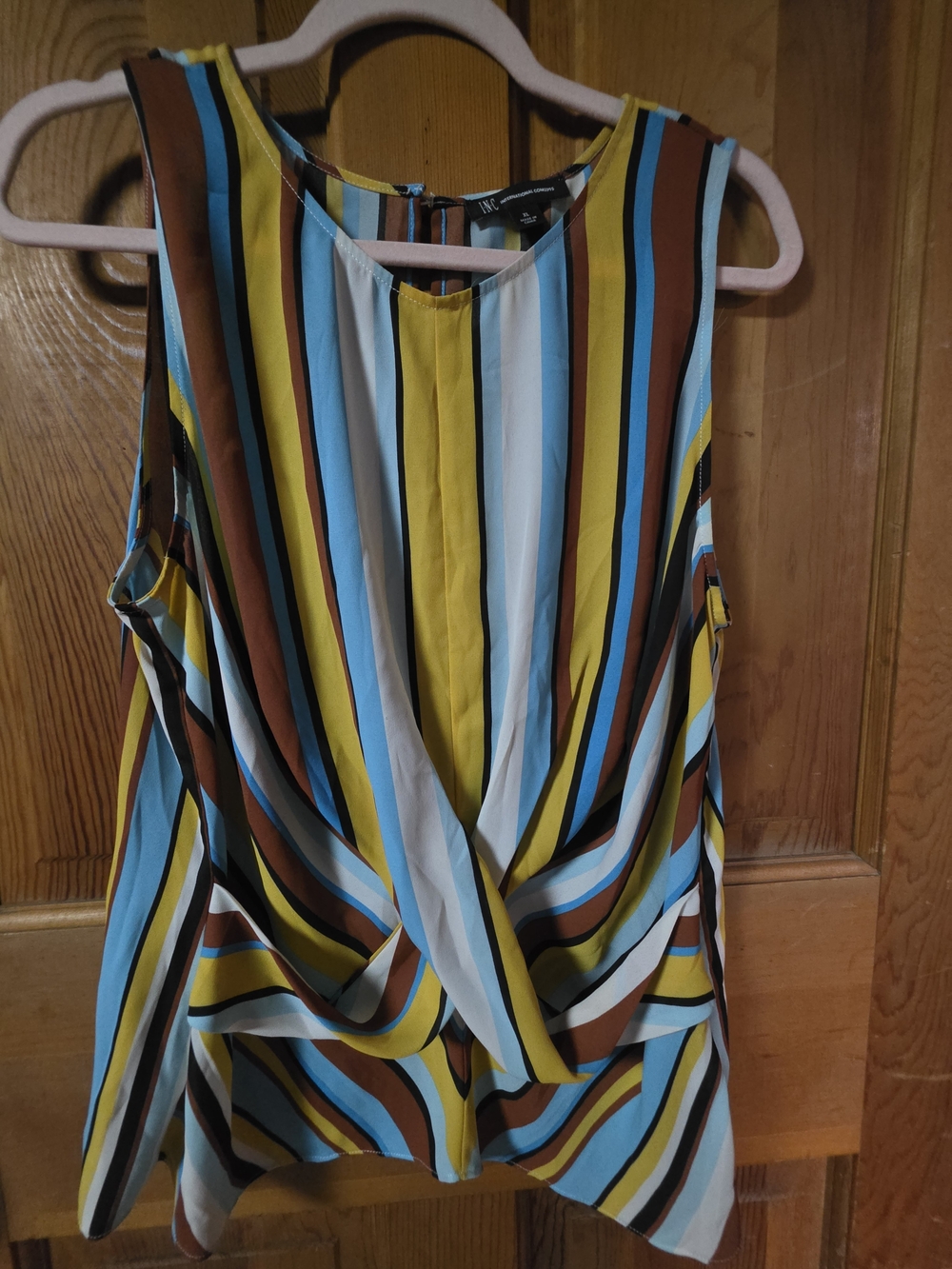 INC International Concepts Yellow, Blue & Brown Striped Sleeveless Draped Top
